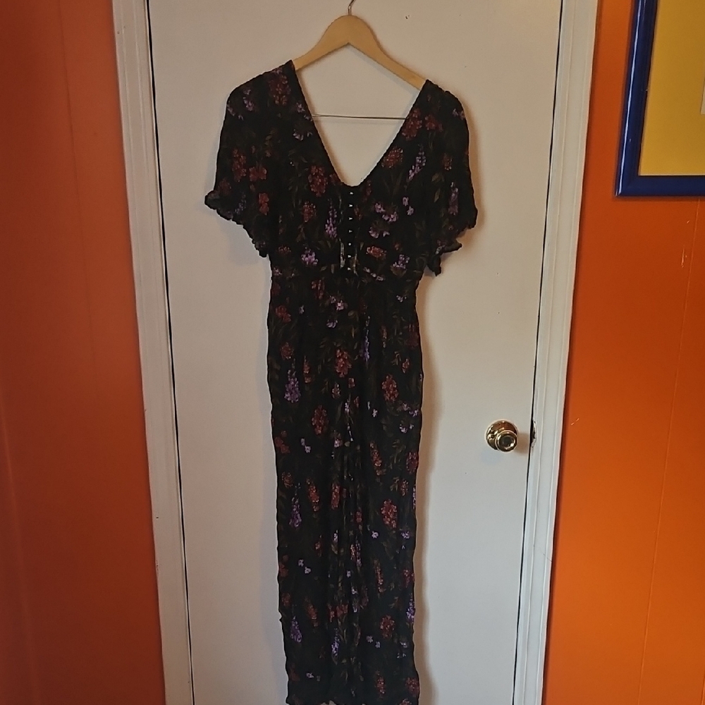 Black Maxi ROMPER with Flutter Sleeves and V-Neck